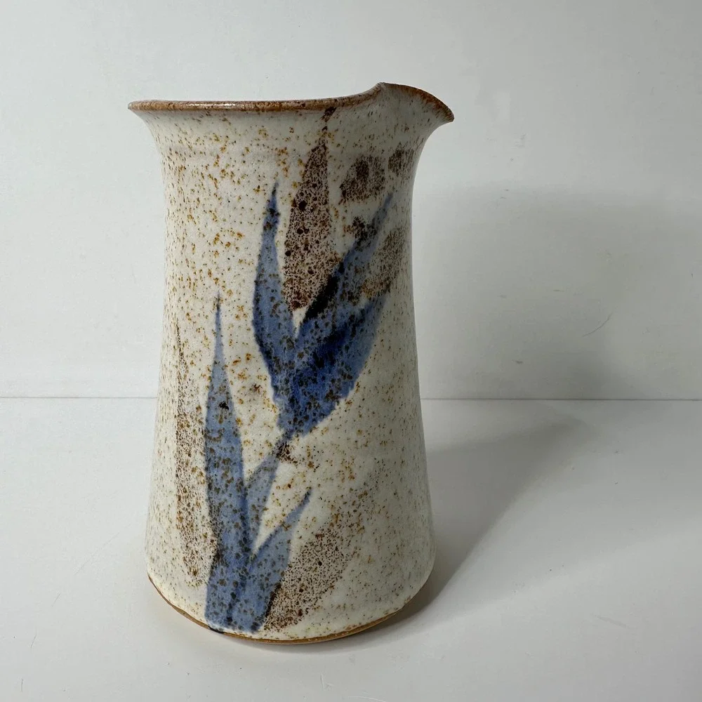 Studio Pottery Vase Signed Wings Pitcher Speckled Glaze Blue Floral Stoneware 6